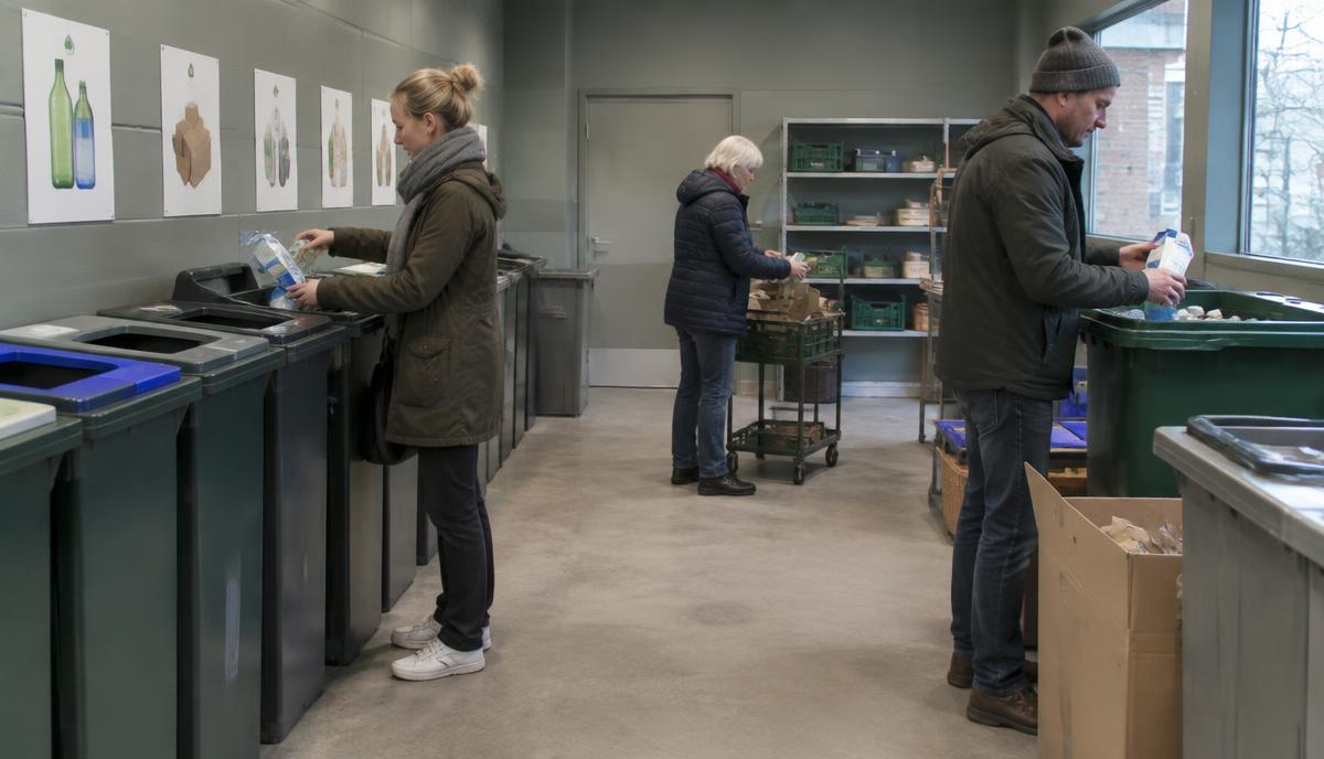 Boende källsorterar förpackningar i en svensk bostadsrättsförening