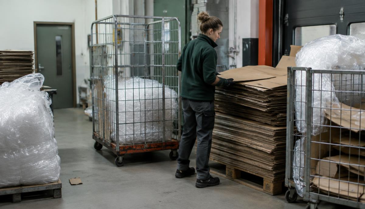 Butikspersonal sorterar wellpapp och plastfilm vid varumottagningen