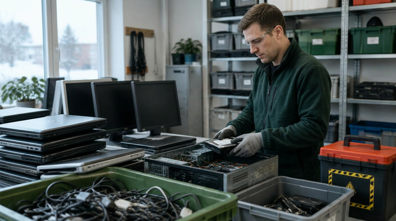 Tekniker demonterar datorer och sorterar batterier och kablar