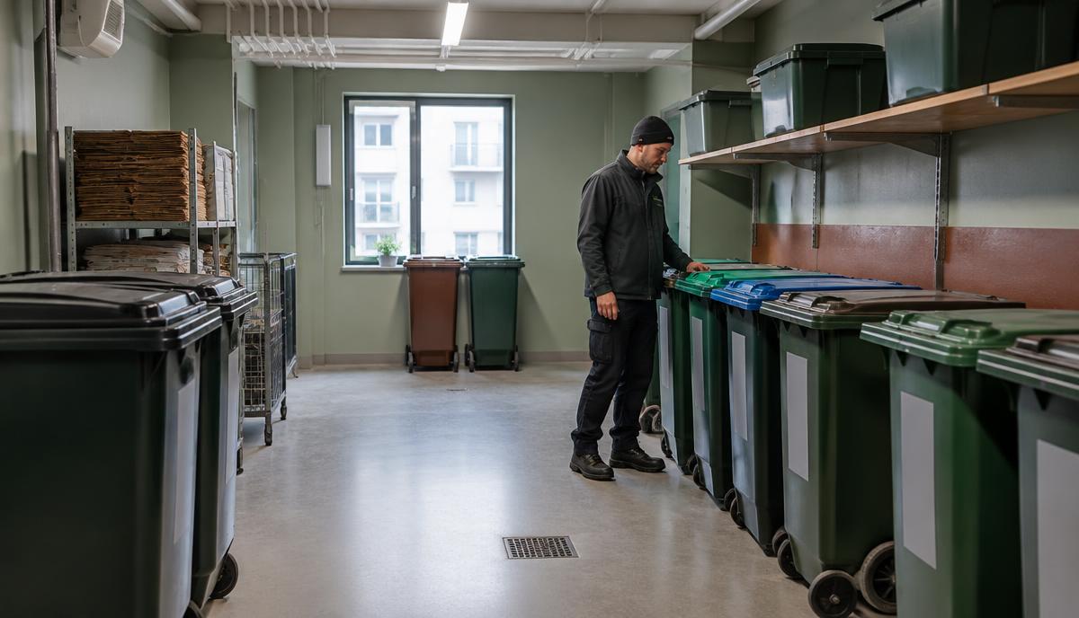 Fastighetsskötare kontrollerar ett rymligt och välordnat avfallsrum