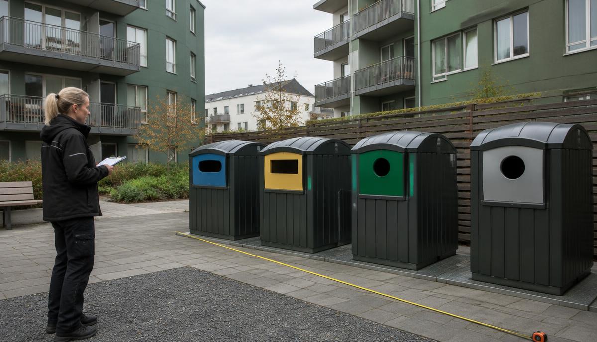 Fastighetsansvarig mäter plats för förpackningsinsamling nära flerbostadshus