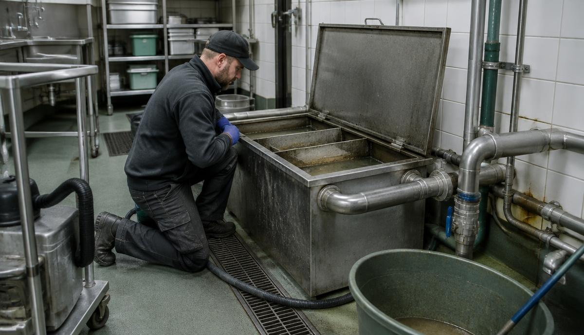 Tekniker inspekterar en fettavskiljare i ett restaurangkök