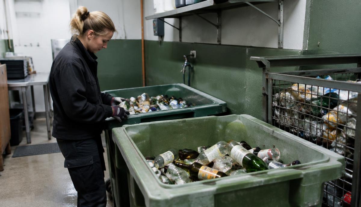 Arbetare sorterar glasflaskor och metallförpackningar säkert