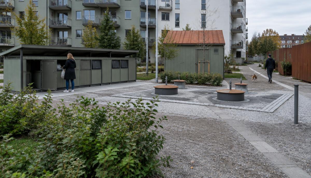 Kärlskåp, miljöhus och markbehållare på en svensk bostadsgård
