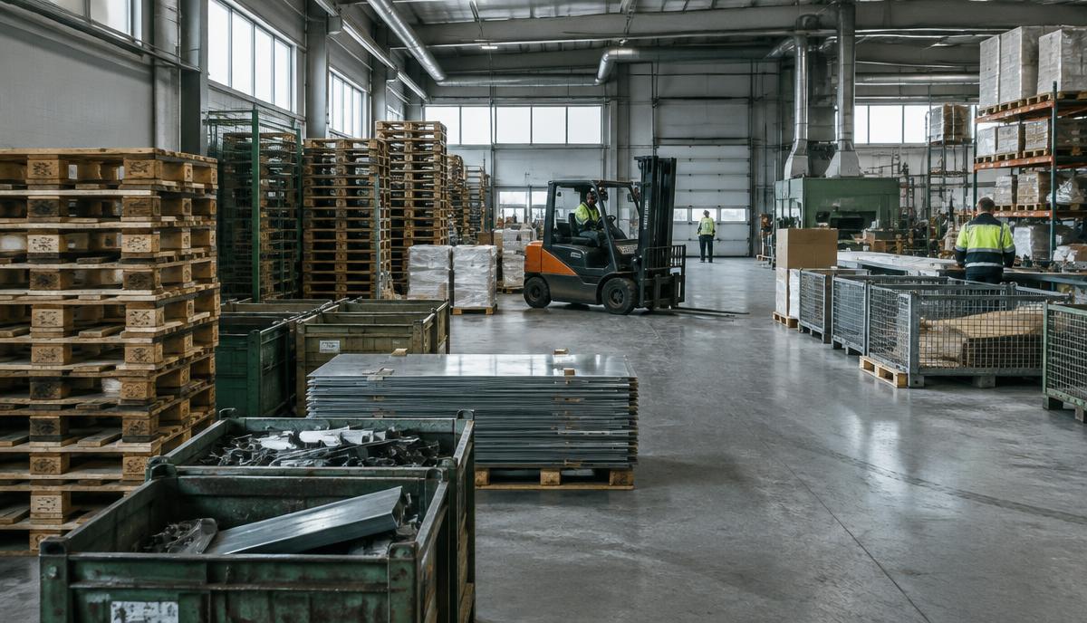 Sorterade materialflöden, pallar och metall i en svensk industrilokal