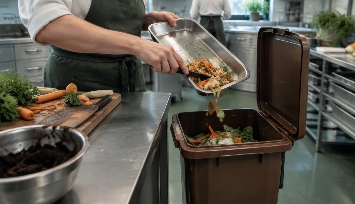 Kock sorterar grönsaksrester som matavfall i ett restaurangkök