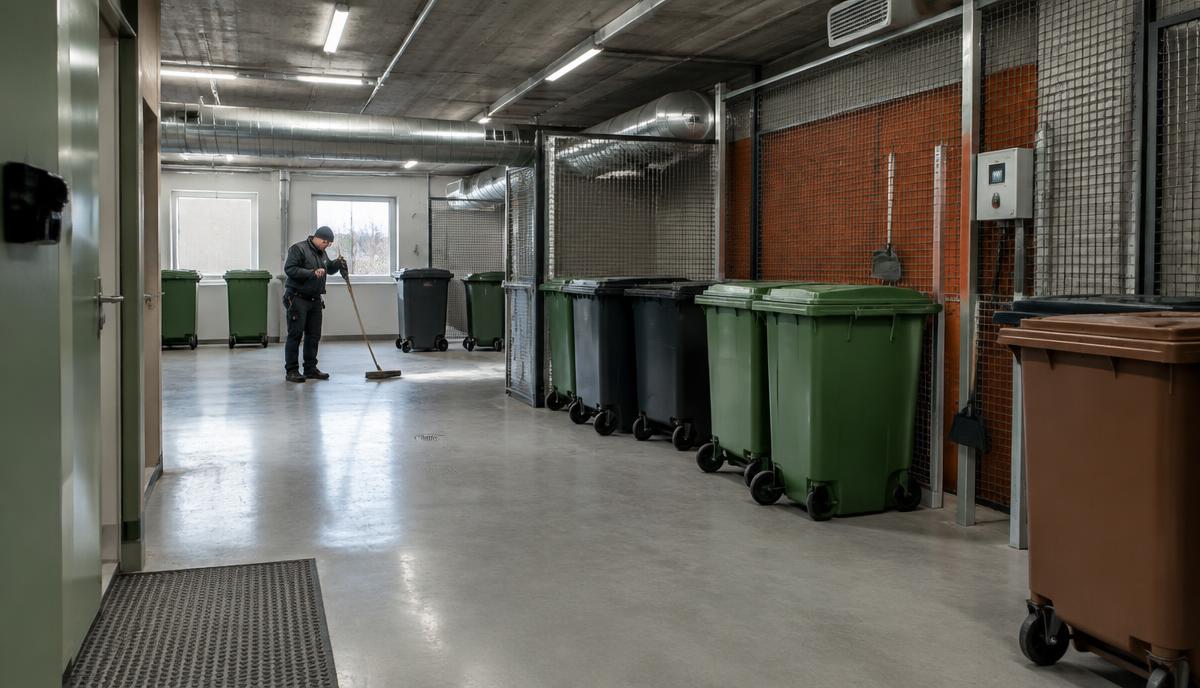 Fastighetsskötare rengör ett rymligt miljörum med fria gångar