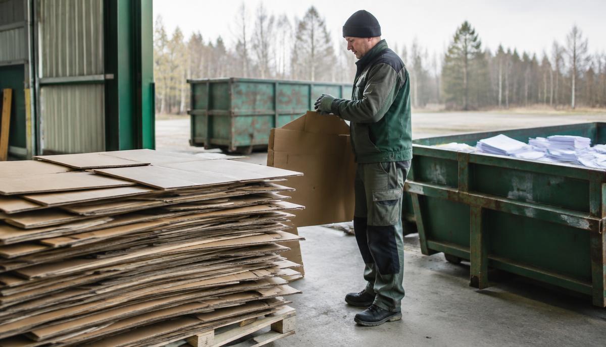 Arbetare sorterar ren wellpapp och papper i en svensk lastzon