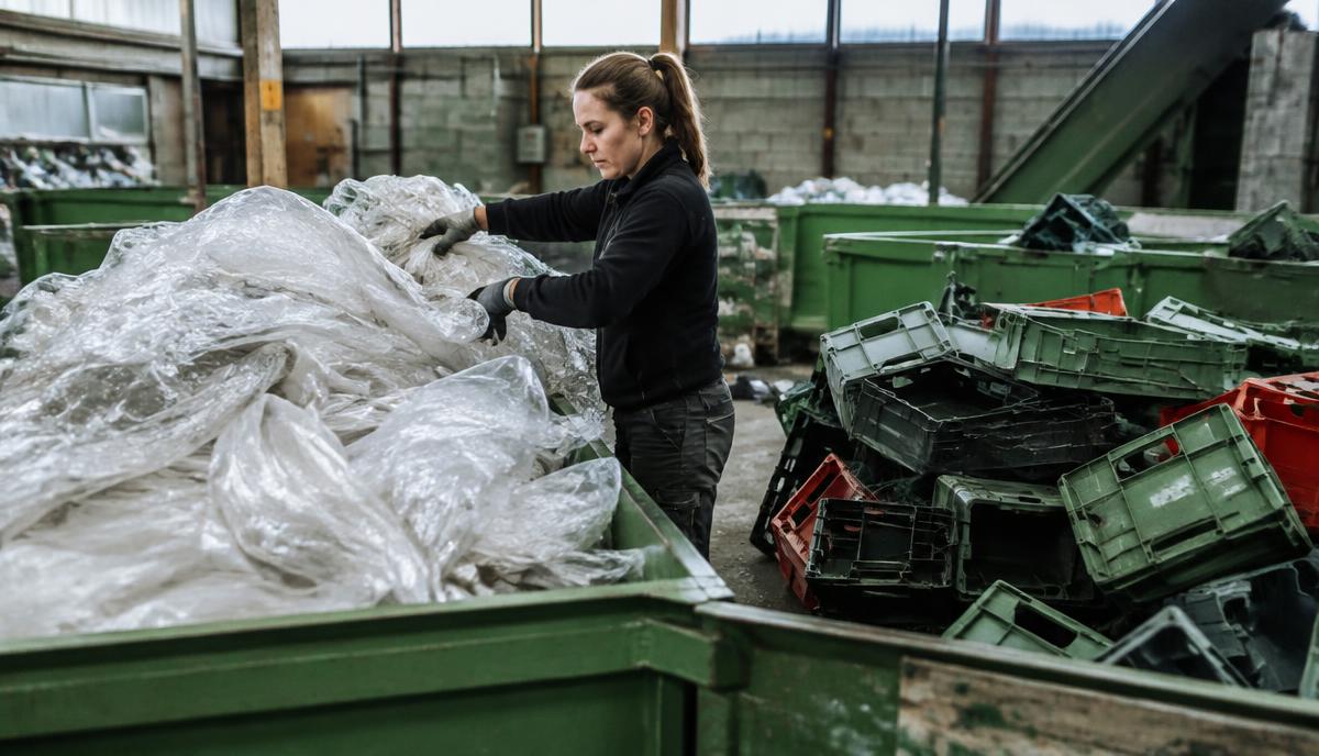 Arbetare skiljer ren plastfilm från hårda plastbackar