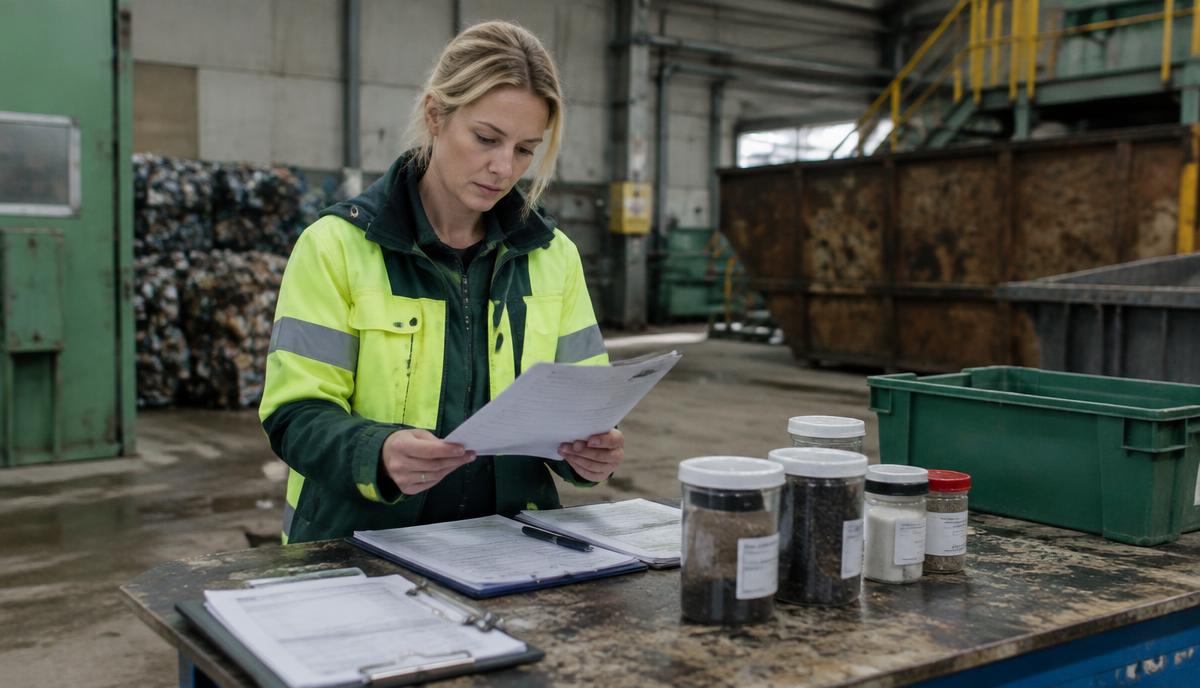 Miljösamordnare granskar dokumentation och materialprover på en anläggning