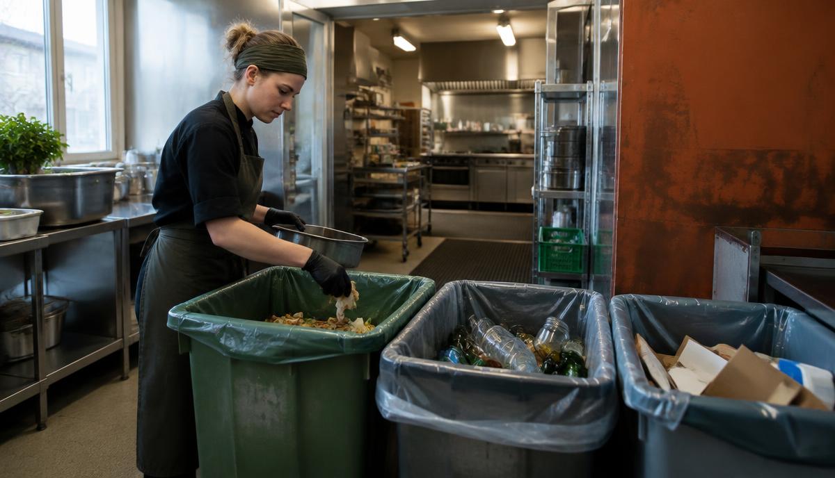 Restaurangpersonal sorterar matavfall och förpackningar i ett professionellt kök