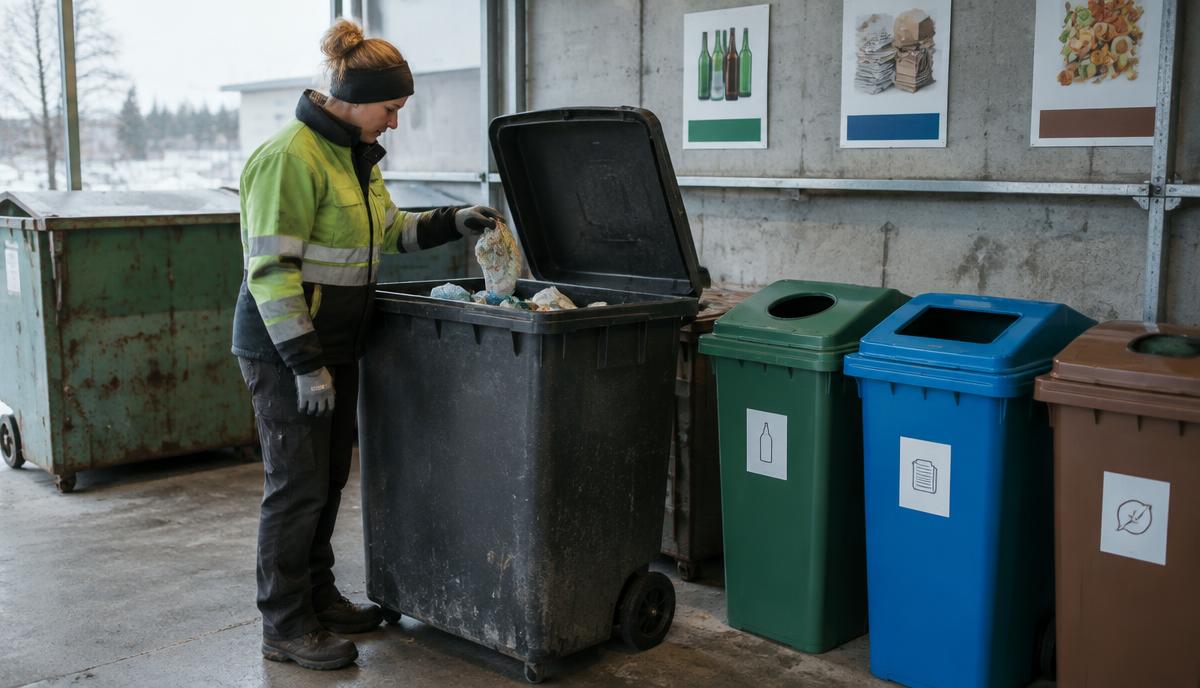 Arbetare granskar restavfall bredvid separata återvinningskärl