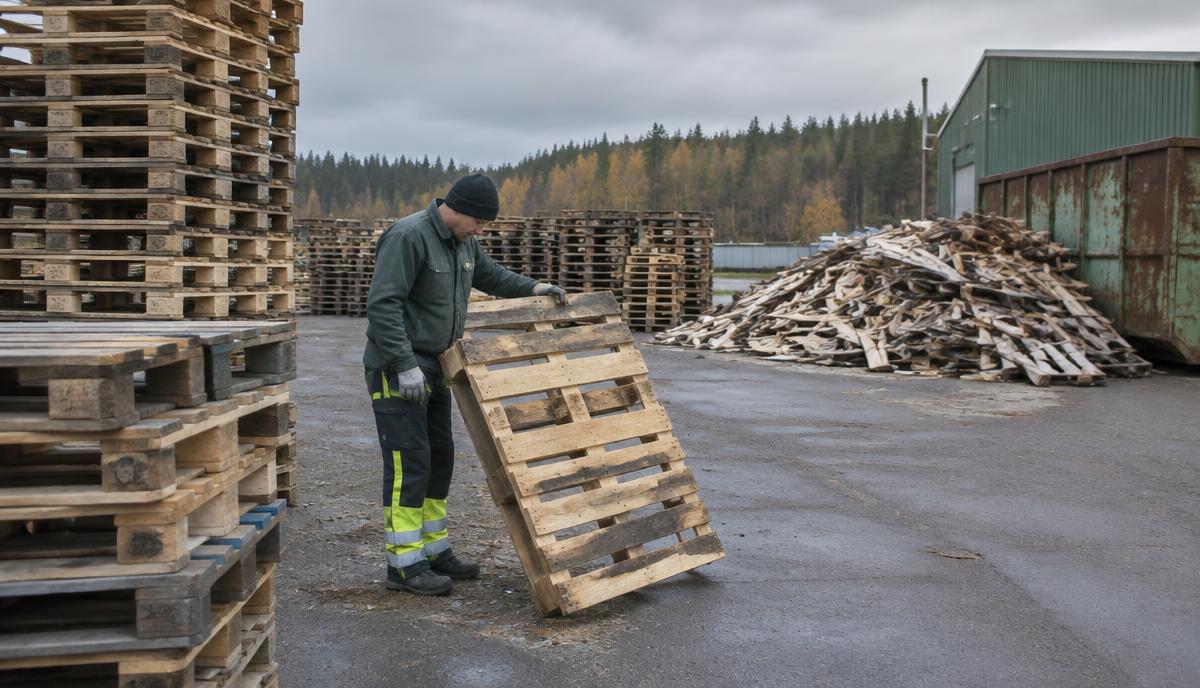 Arbetare inspekterar pallar mellan återbrukbart och trasigt trä